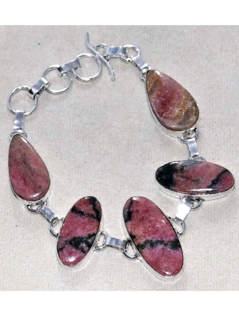 Rhodonite Gemstone Jewelry 925 Sterling Silver Handmade Toggle Bracelet